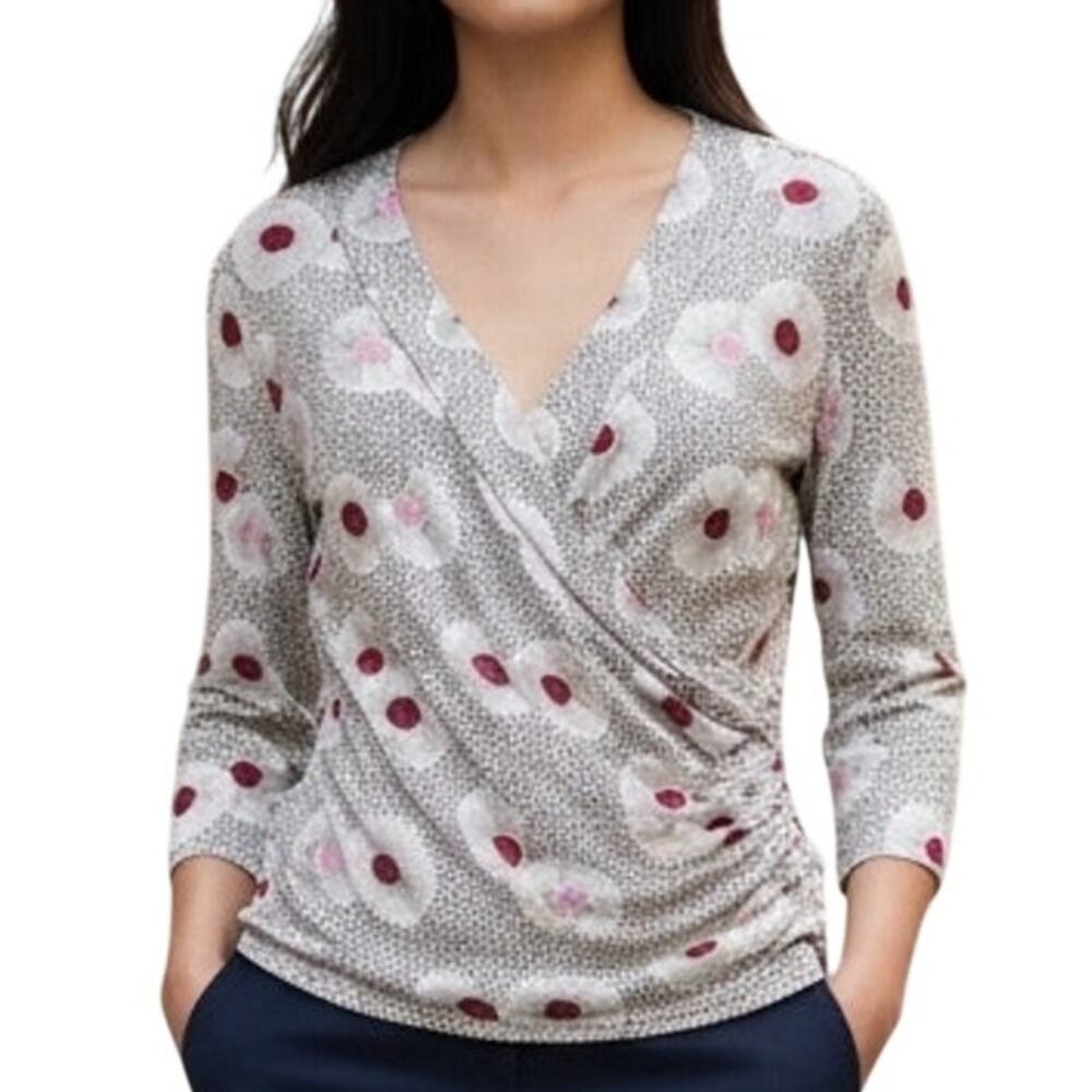 Nic+Zoe Floral Faux Wrap Top Womens Large Petite Khaki Pink Surplice Knit